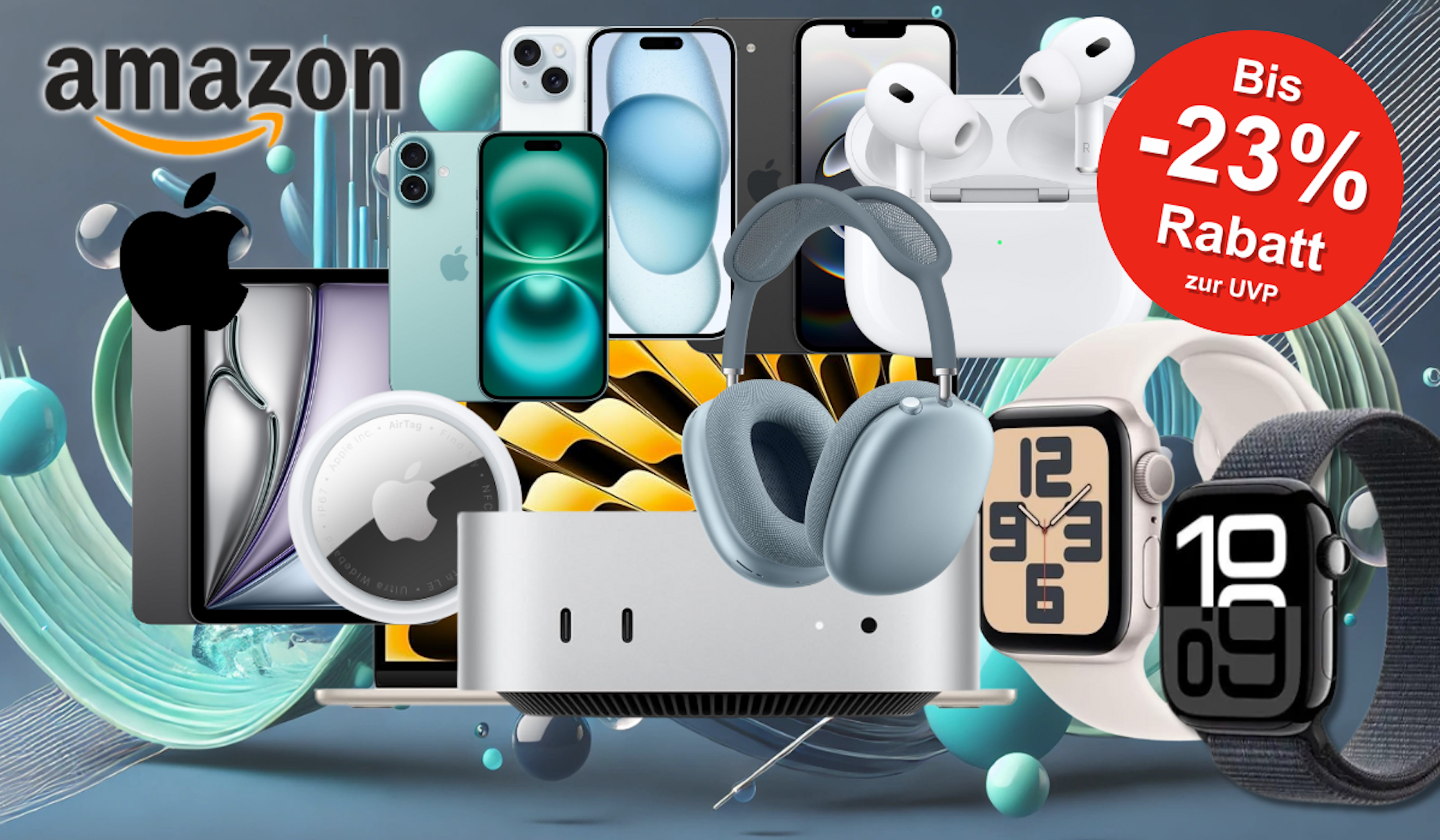 Auf dem Bild sind diverse Produkte von Apple zu sehen, die auf einem verspielten Hintergrund abgebildet sind.
