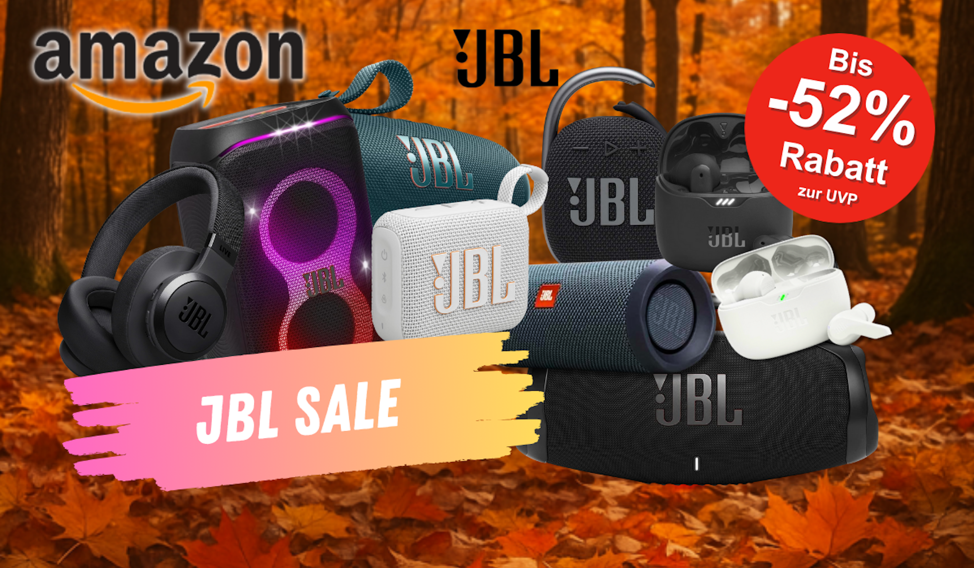 Darstellung verschiedener JBL Bluetooth Boxen und Kopfhörer.