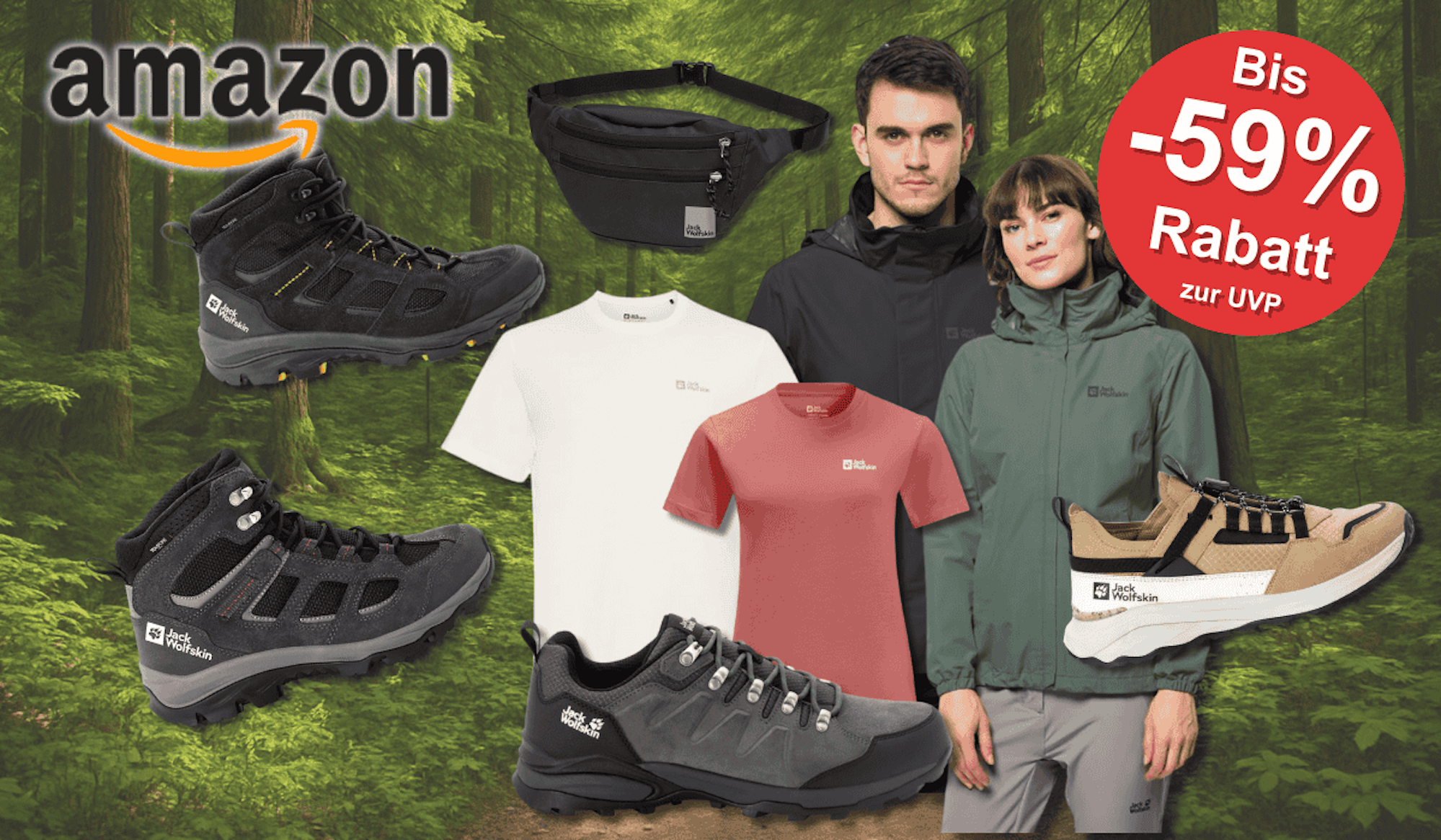 Jack Wolfskin Schuhe, Jacken, Rucksack vor einem Hintergrundbild mit einem Wald mit gelben Blättern.
