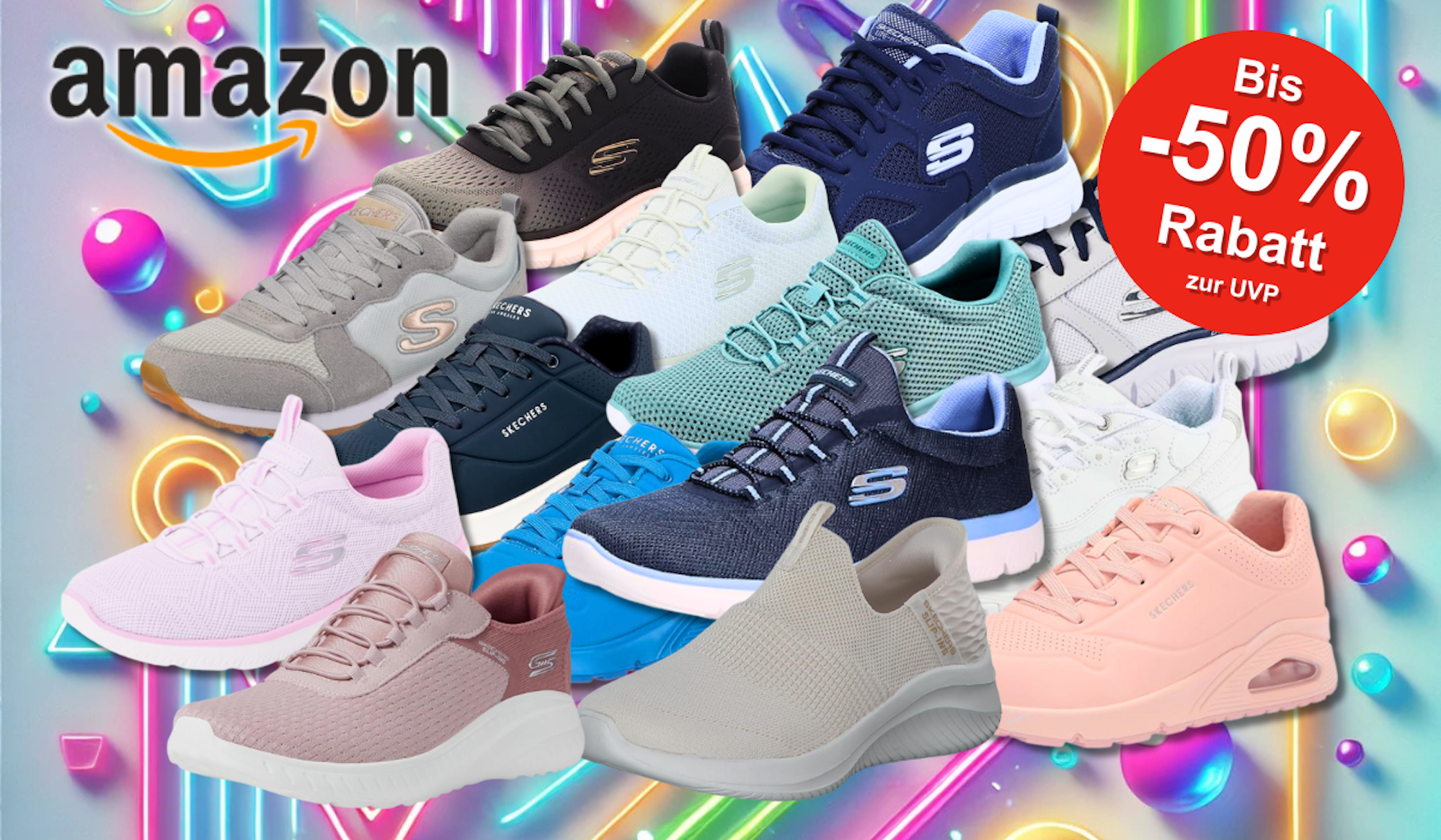 Verschiedene Skechers Sneaker und Schuh Modelle für Damen und Herren vor einem bläulichen Hintergrund mit geometrischen Formen.