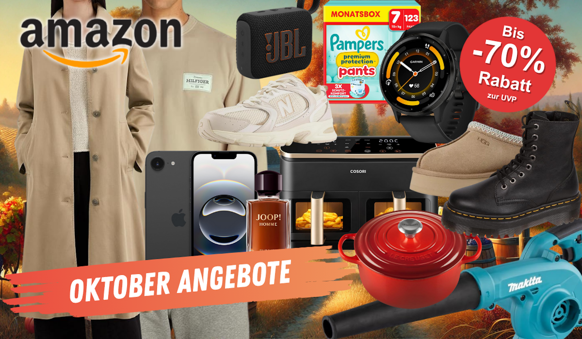 Darstellung verschiedener Artikel wie JBL Box, Garmin Smartwatch, New Balance Sneaker, Tommy Hilfiger Pullover und mehr vor einem herbstlichen Hintergrund.