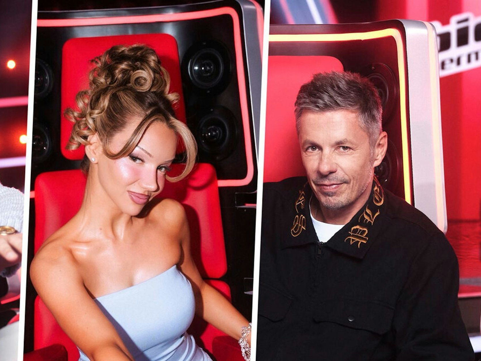 Shirin und Michi Beck sitzen bei der Sendung The Voice im Studio.