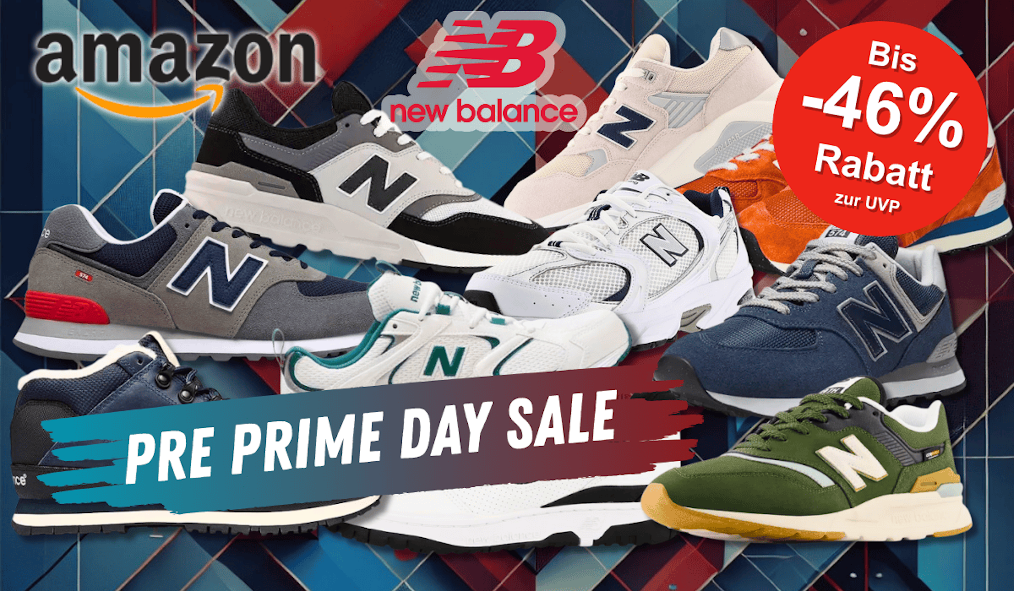 Produktbilder von verschiedenen New Balance Modellen vor einem blauen Hintergrund.