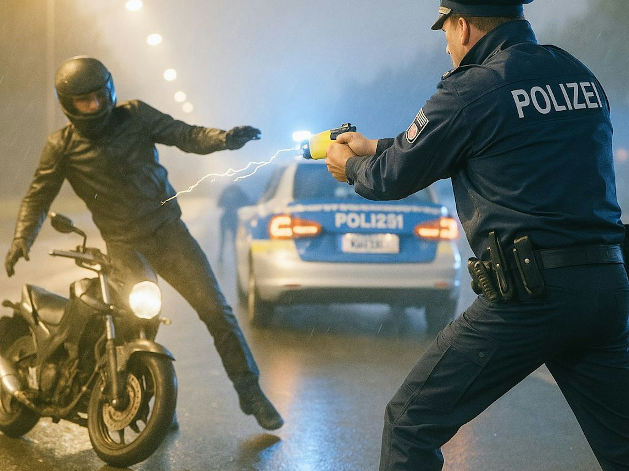 Das Symbolbild wurde mithilfe künstlicher Intelligenz mit ChatGPT erstellt. Dargestellt wird eine Festnahme mit einem Taser.