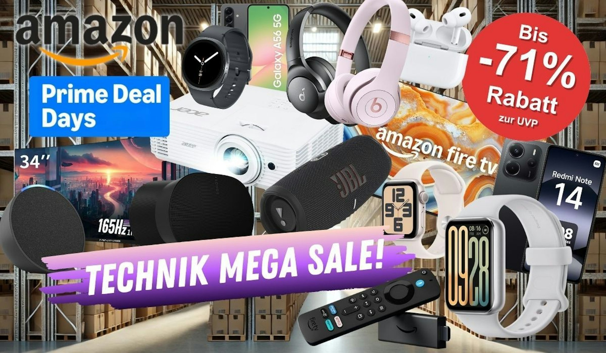 Technik-Angebote wie Smartwatch, Kopfhörer oder Fire TV Stickan zu den Prime Deal Days mit einer Lagerhalle im Hintergrund.
