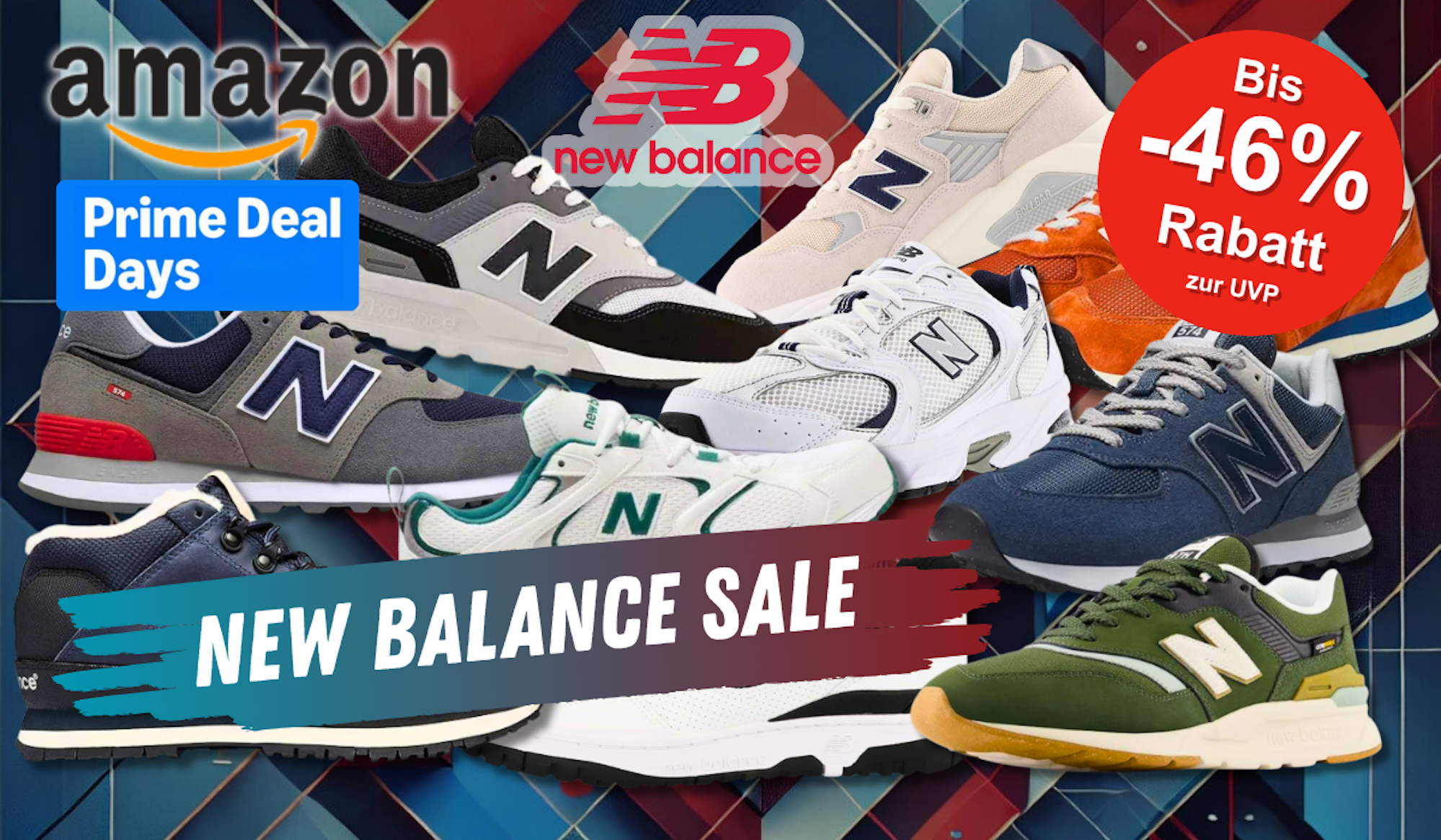 Produktbilder von verschiedenen New Balance Modellen vor einem blauen Hintergrund.
