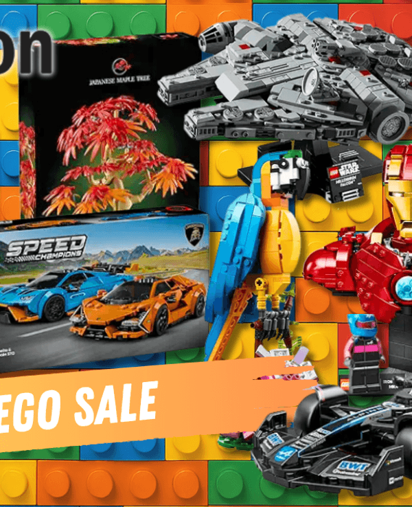 Verschiedene LEGO-Sets wie LEGO Creator, LEGO Speed Champions, LEGO Star Wars sowie weitere Modelle vor einem Hintergrund aus großen LEGO-Steinen.