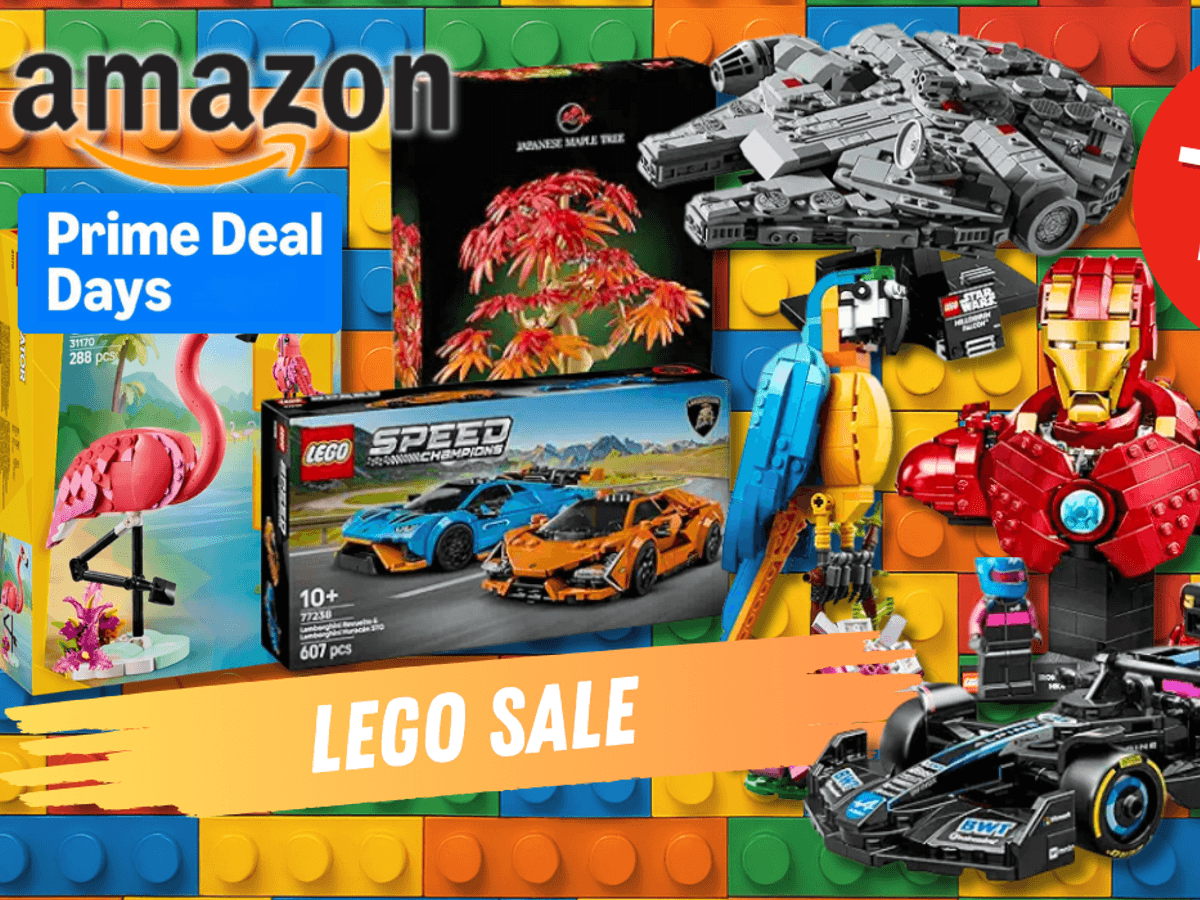 Verschiedene LEGO-Sets wie LEGO Creator, LEGO Speed Champions, LEGO Star Wars sowie weitere Modelle vor einem Hintergrund aus großen LEGO-Steinen.