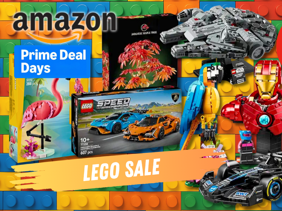 Verschiedene LEGO-Sets wie LEGO Creator, LEGO Speed Champions, LEGO Star Wars sowie weitere Modelle vor einem Hintergrund aus großen LEGO-Steinen.