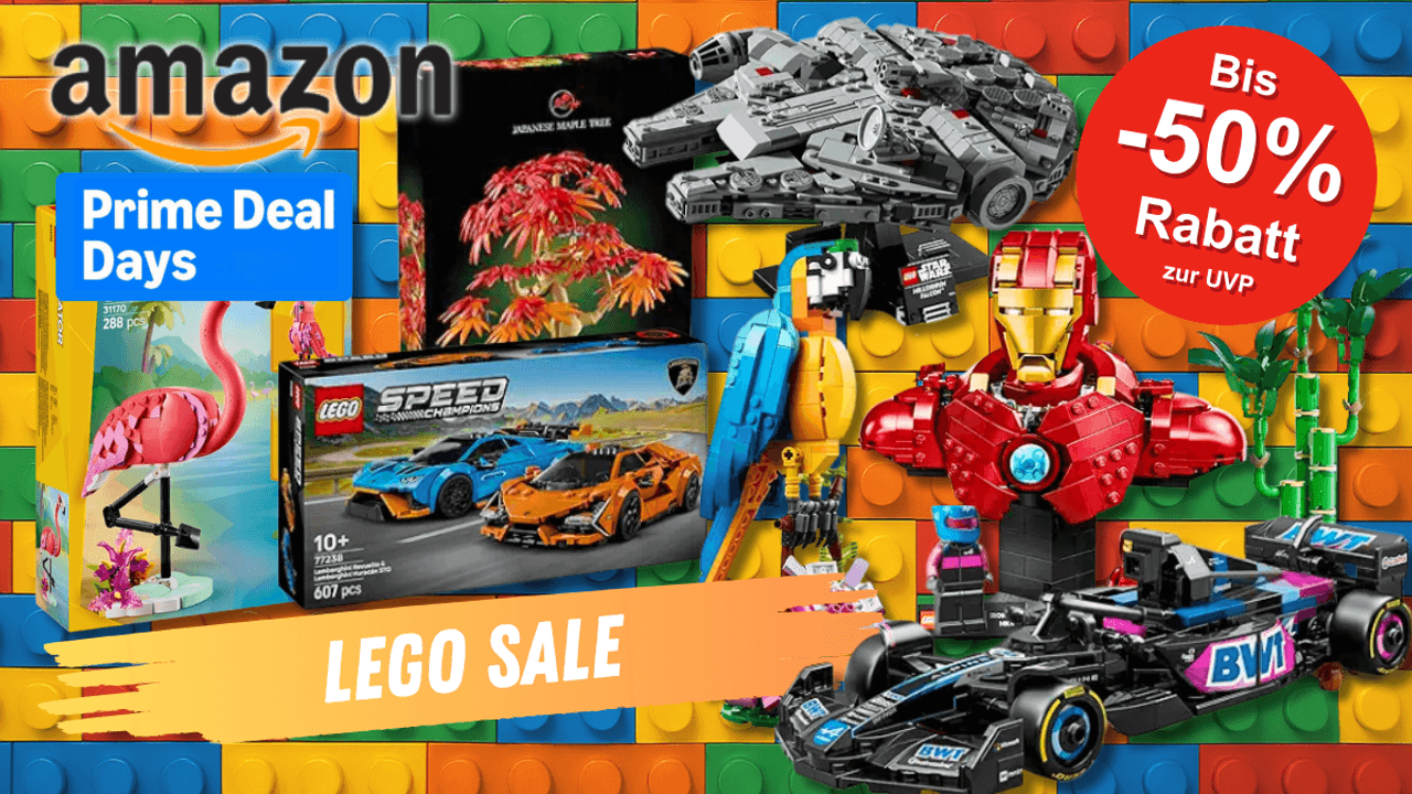 Verschiedene LEGO-Sets wie LEGO Creator, LEGO Speed Champions, LEGO Star Wars sowie weitere Modelle vor einem Hintergrund aus großen LEGO-Steinen.