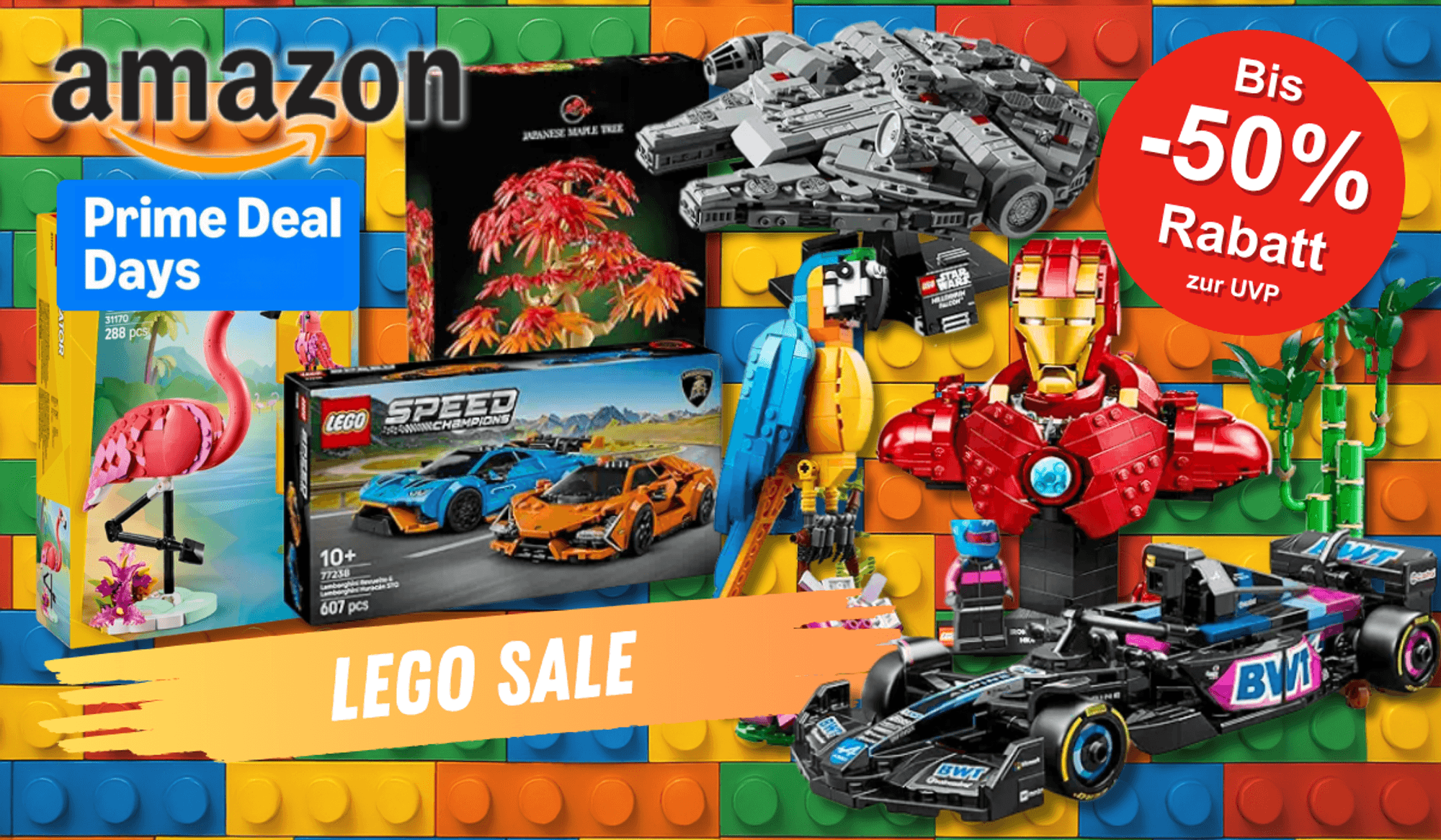 Verschiedene LEGO-Sets wie LEGO Creator, LEGO Speed Champions, LEGO Star Wars sowie weitere Modelle vor einem Hintergrund aus großen LEGO-Steinen.