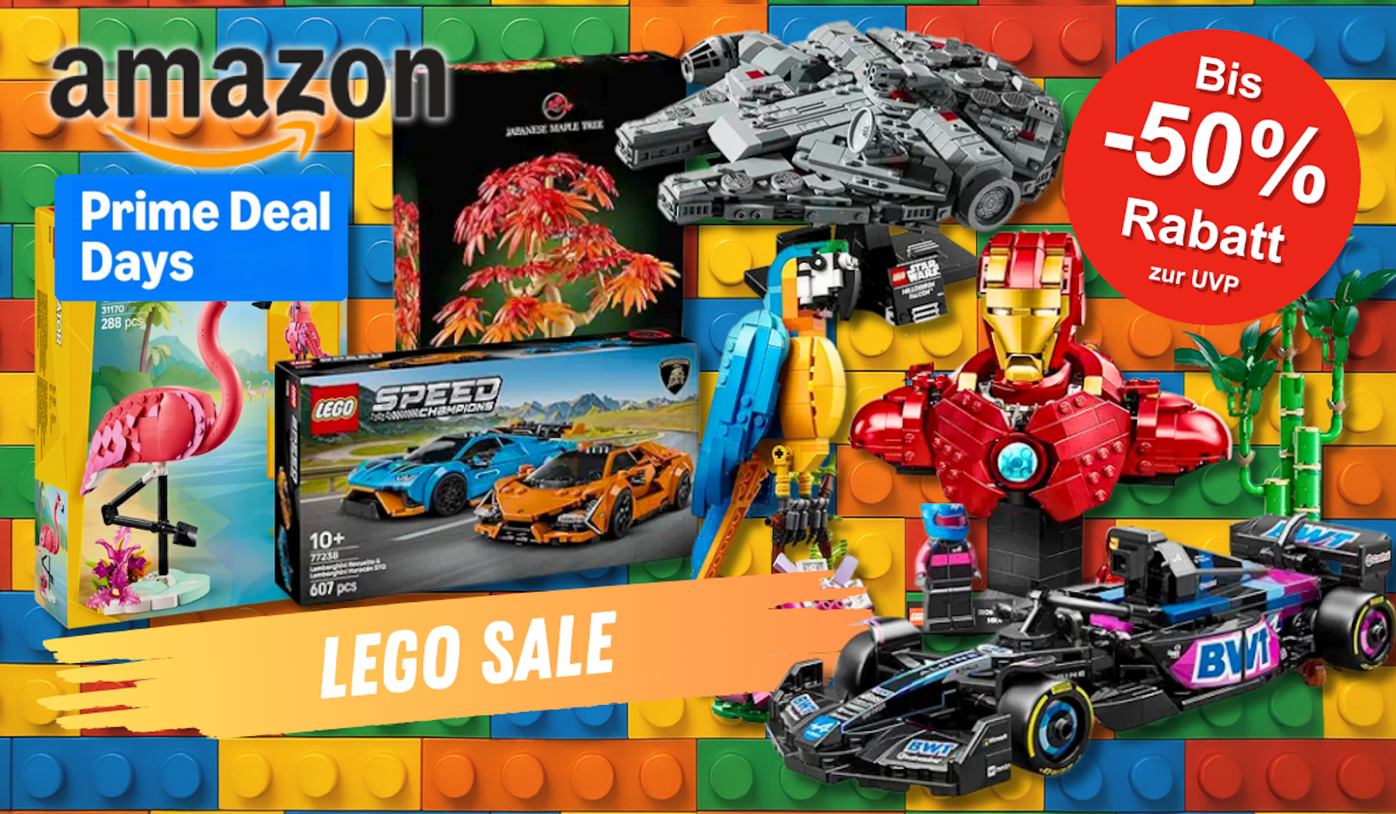 Verschiedene LEGO-Sets wie LEGO Creator, LEGO Speed Champions, LEGO Star Wars sowie weitere Modelle vor einem Hintergrund aus großen LEGO-Steinen.