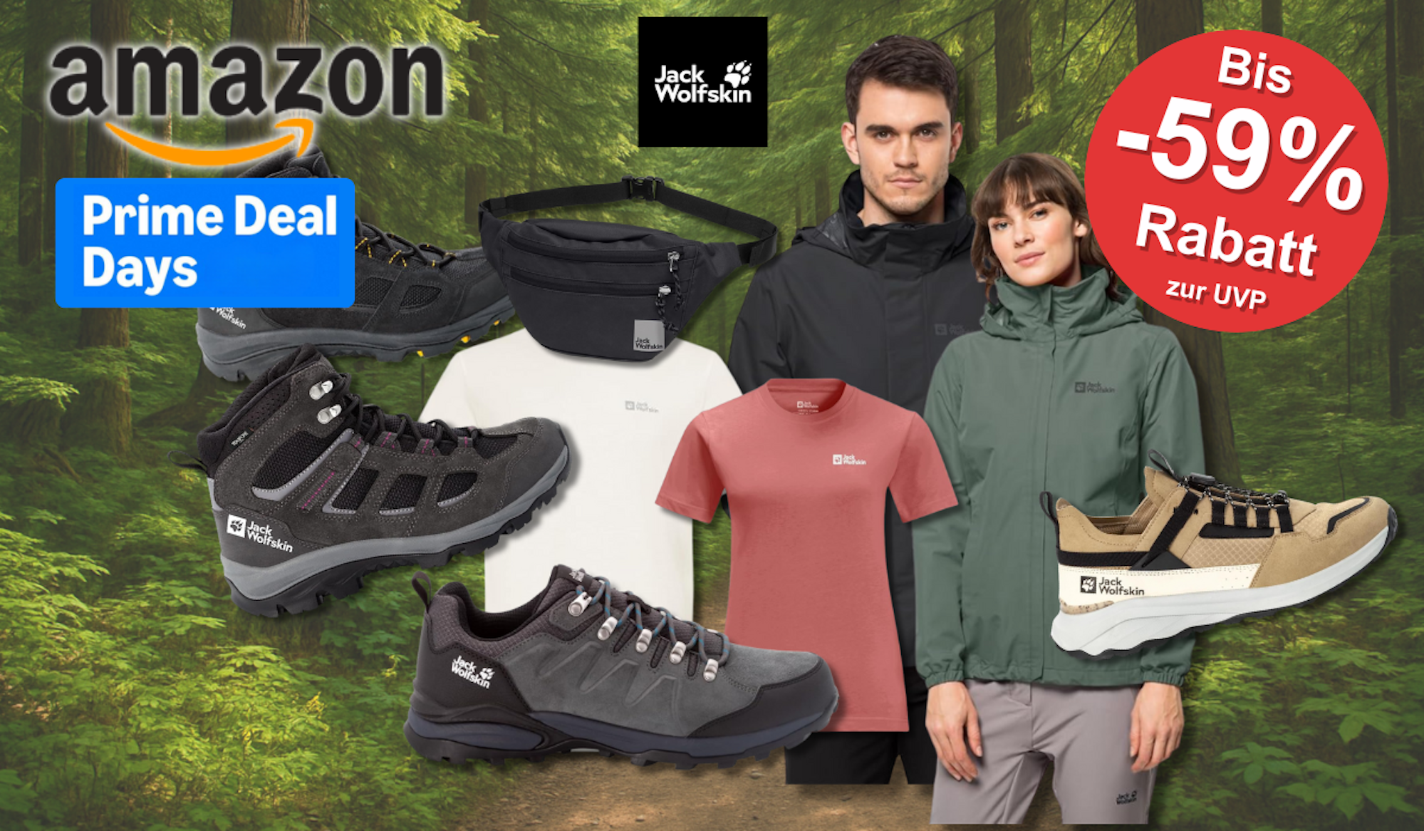 Jack Wolfskin Schuhe, Jacken, Rucksack vor einem Hintergrundbild mit einem Wald mit gelben Blättern.