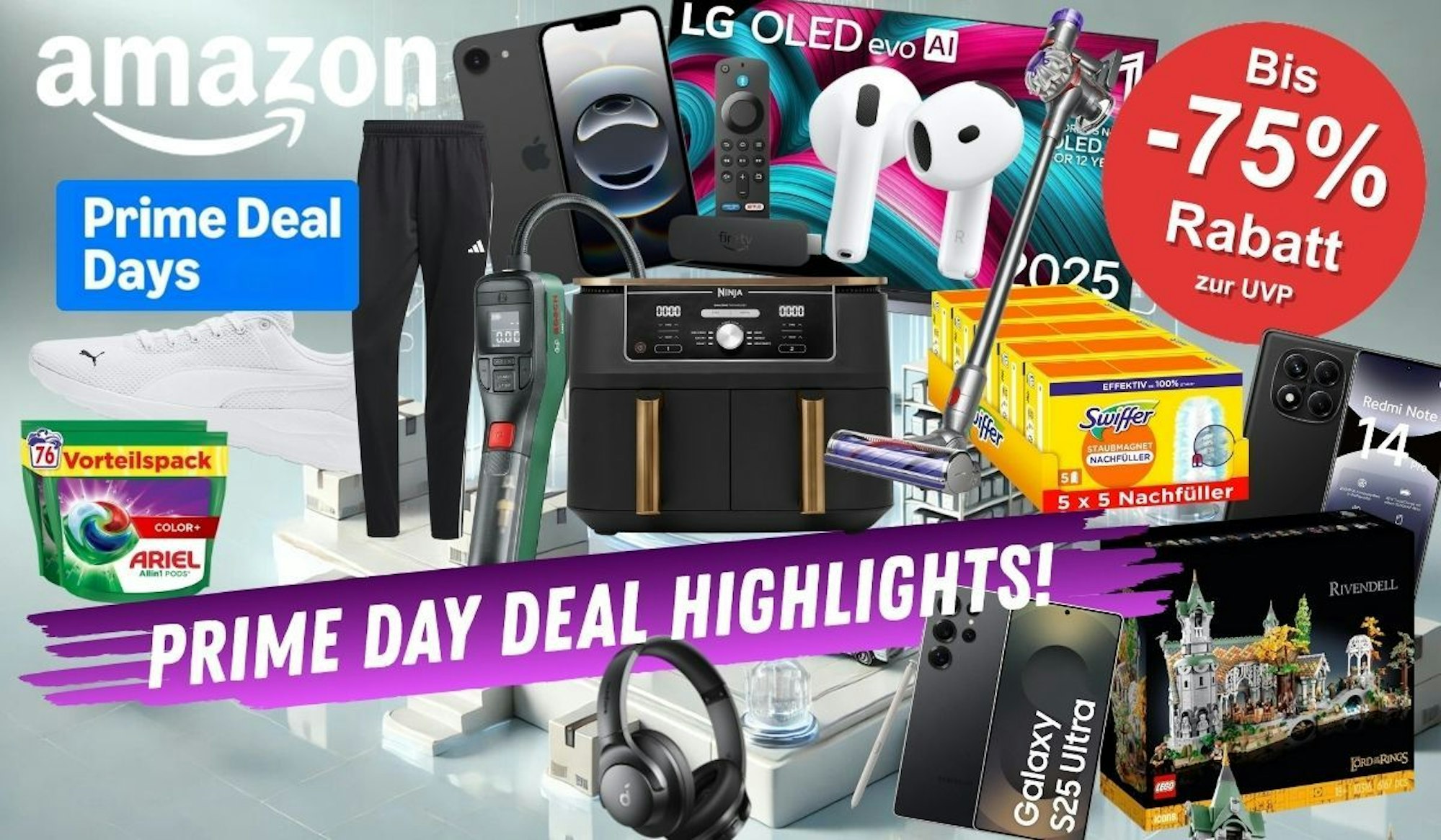 Viele Produkte für die Prime Deal Days Angebote bei Amazon vor einem technischen hellen Hintergrund: Ninja Foodi Airfryer, Bosch Luftpumpe, Lego Bruchtal, Swiffer Tücher, Ariel Waschmittel, Apple Airpods 4, Apple iPhone 16, LG OLED 4K TV, Dyson Stabstaubsauger.