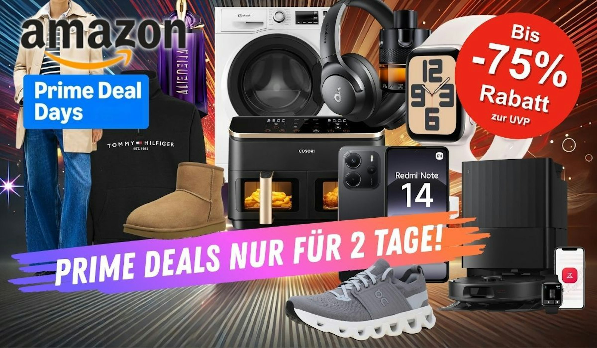 Viele Produkte vor einem spacigen Hintergrund mit Licht, mit dabei Marken wie Tommy Hilfiger Trenchcoat und Pullover, on Sneaker, Dr Martens und Ugg Boots, Apple Watch, Cosori Airfryer.