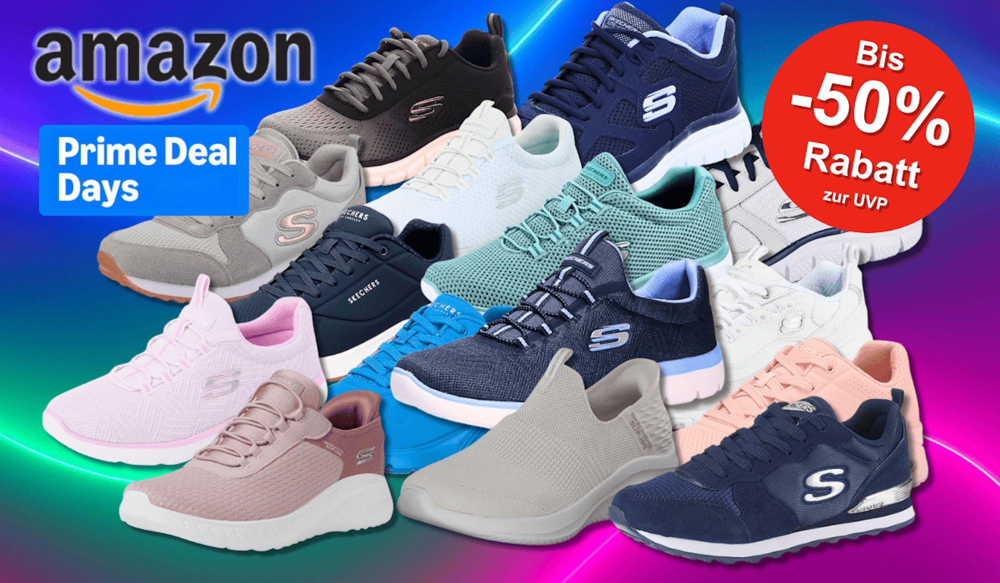 Verschiedene Skechers Sneaker und Schuh Modelle für Damen und Herren vor einem Hintergrund in Neon-Farben.