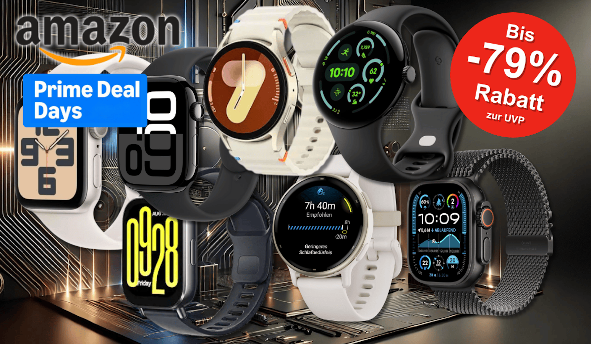 Mehrere Smartwatch-Modelle von Marken wie Apple, Samsung, Garmin und Xiaomi vor einem Hintergrund mit technischen Elementen.