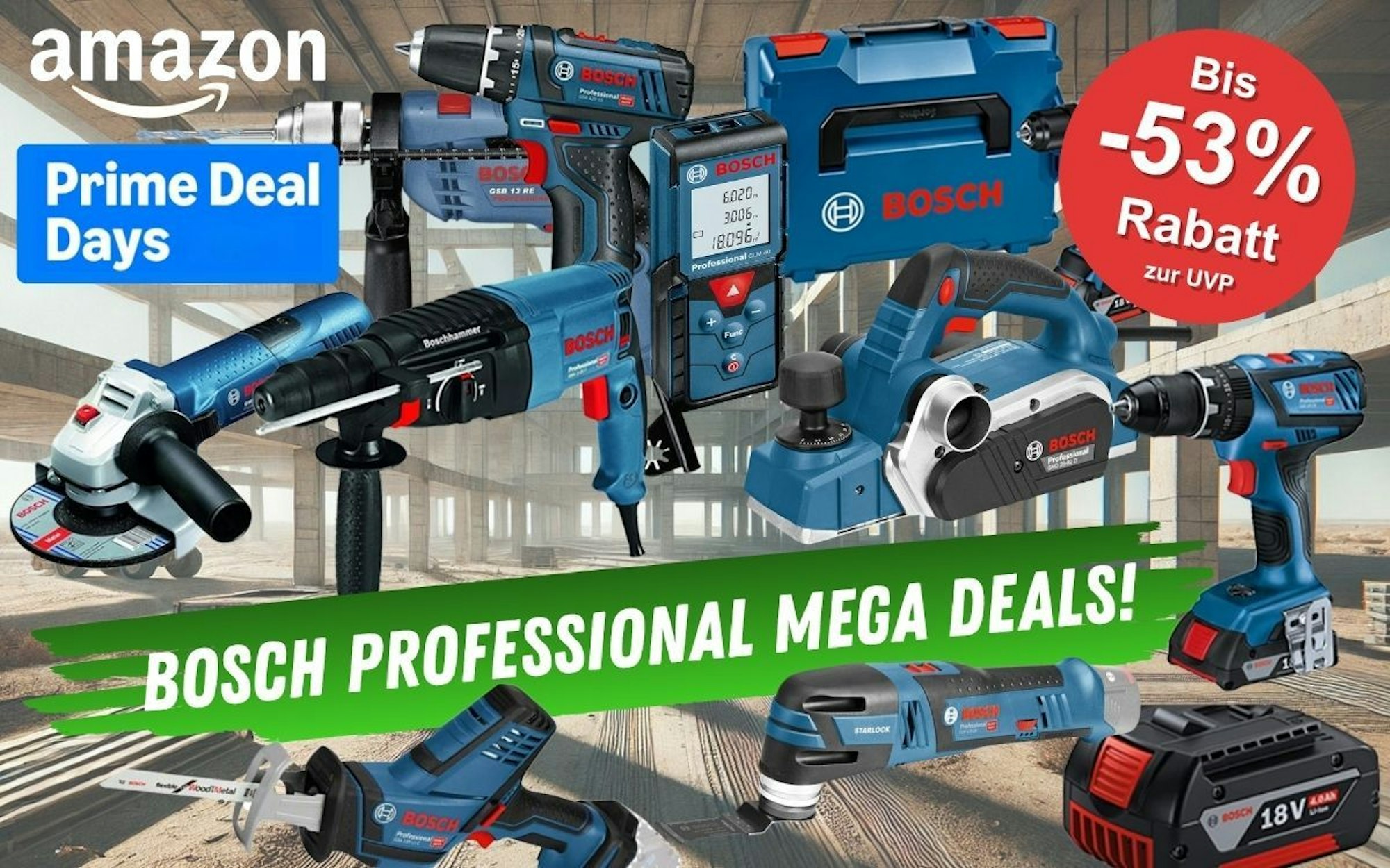 Bosch Professional Elektrowerkzeug vor einem Hintergrund einer großen Baustelle. Dabei Akkubohrschrauber, Laser Entfernungsmesser, Schlagbohrmaschine, Winkelschleifer, Werkzeugkoffer, Säbelsäge, Elektrohobel zu den Prime Deal Days.