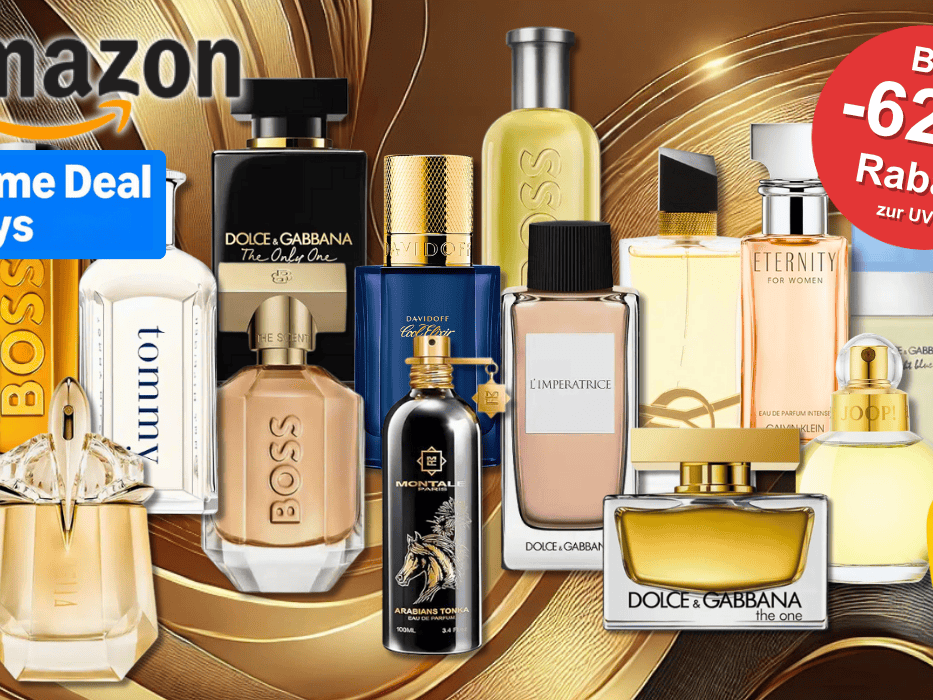 Parfum Flakons für Damen und Herren von Marken wie Boss, Calvin Klein, Joop, Mugler, Yves Saint Laurent, Tommy Hilfiger und vielen mehr vor einem luxuriösen Hintergrund mit Marmor und Gold und Silber-Elementen.