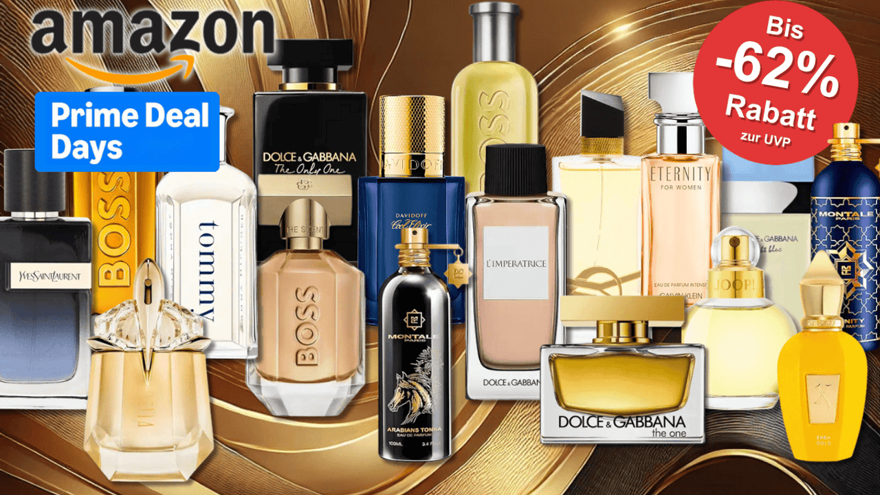 Parfum Flakons für Damen und Herren von Marken wie Boss, Calvin Klein, Joop, Mugler, Yves Saint Laurent, Tommy Hilfiger und vielen mehr vor einem luxuriösen Hintergrund mit Marmor und Gold und Silber-Elementen.