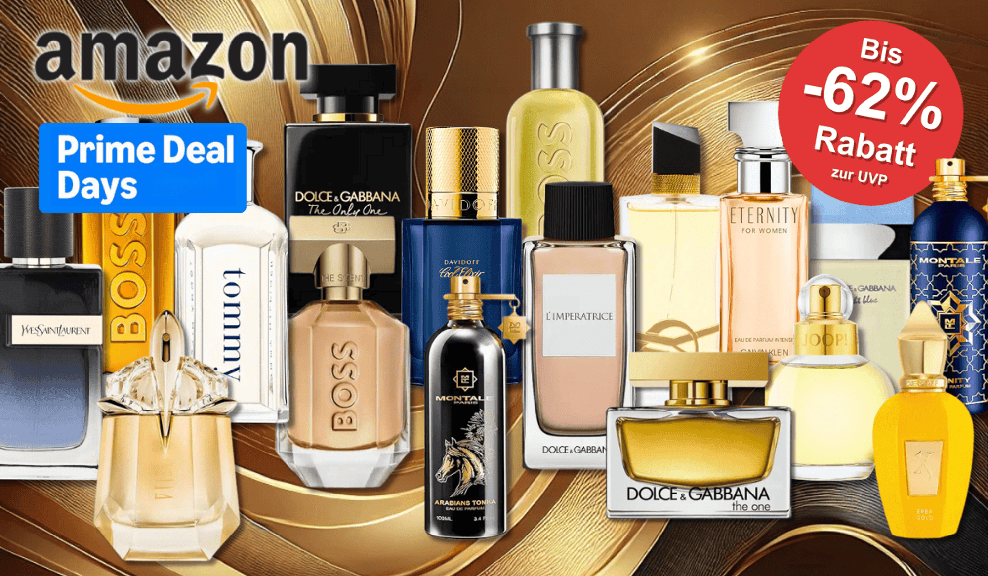 Parfum Flakons für Damen und Herren von Marken wie Boss, Calvin Klein, Joop, Mugler, Yves Saint Laurent, Tommy Hilfiger und vielen mehr vor einem luxuriösen Hintergrund mit Marmor und Gold und Silber-Elementen.