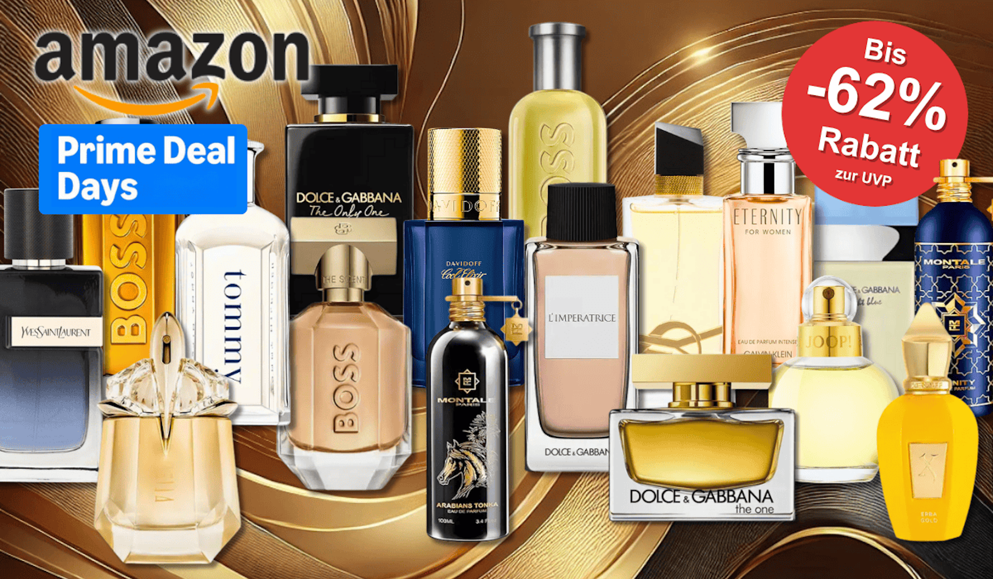 Parfum Flakons für Damen und Herren von Marken wie Boss, Calvin Klein, Joop, Mugler, Yves Saint Laurent, Tommy Hilfiger und vielen mehr vor einem luxuriösen Hintergrund mit Marmor und Gold und Silber-Elementen.