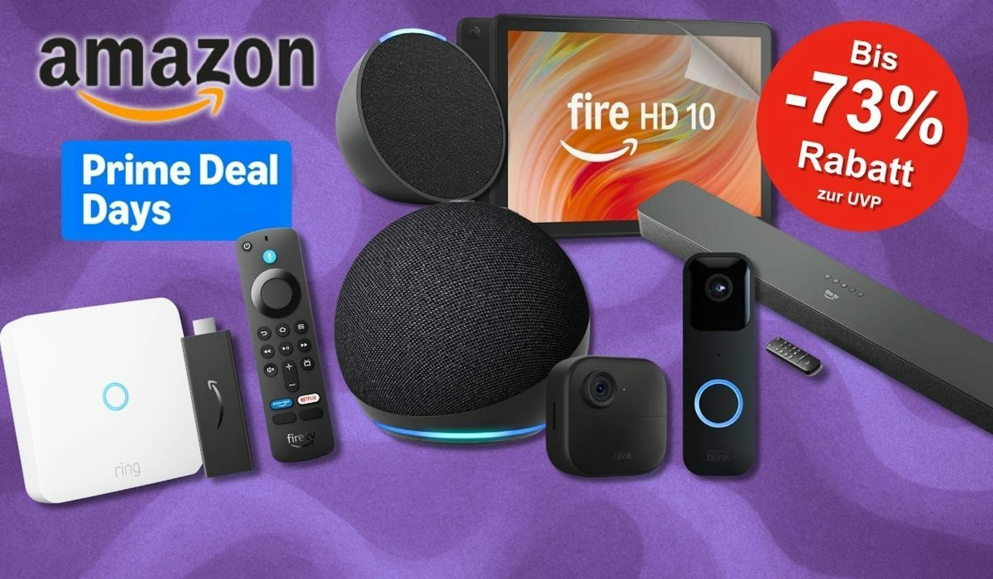 Amazon Geräte zu den Amazon Prime Deal Days wie Kindle, Echo Dot, Fire TV Stick, Fire Tablet usw. vor lila Hintergrund.