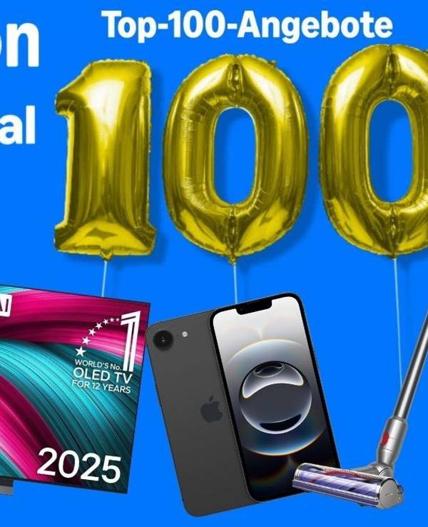 Grafik zu den Amazon Prime Deal Days mit Hinweis auf Top-100 Angebote, bis zu 75% Rabatt, und Bestseller-Produkten wie LG OLED TV, iPhone, Dyson Akkustaubsauger und AirPods – nur für Prime-Mitglieder.