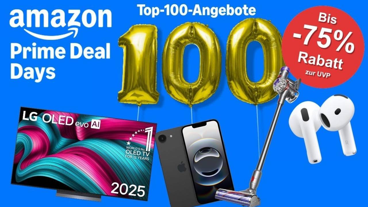 Grafik zu den Amazon Prime Deal Days mit Hinweis auf Top-100 Angebote, bis zu 75% Rabatt, und Bestseller-Produkten wie LG OLED TV, iPhone, Dyson Akkustaubsauger und AirPods – nur für Prime-Mitglieder.