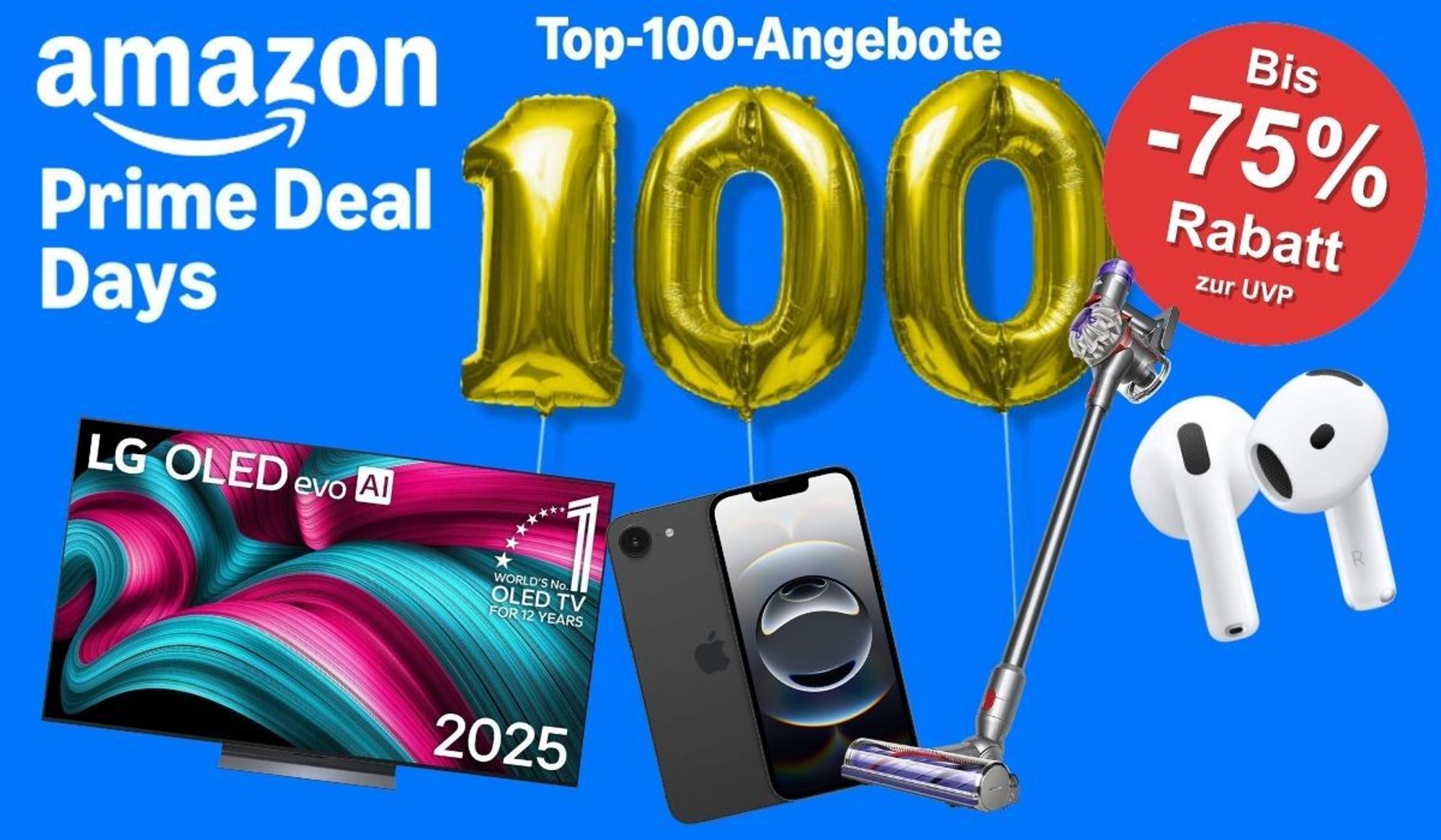 Grafik zu den Amazon Prime Deal Days mit Hinweis auf Top-100 Angebote, bis zu 75% Rabatt, und Bestseller-Produkten wie LG OLED TV, iPhone, Dyson Akkustaubsauger und AirPods – nur für Prime-Mitglieder.