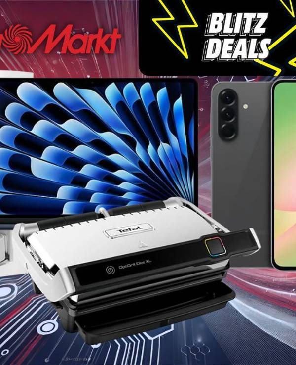 Produkte wie Tefal Optigrill, Samsung Handy und Dreame Saugroboter in den MediaMarkt Blitz Deals vor einem Hintergrund mit technischem Design.