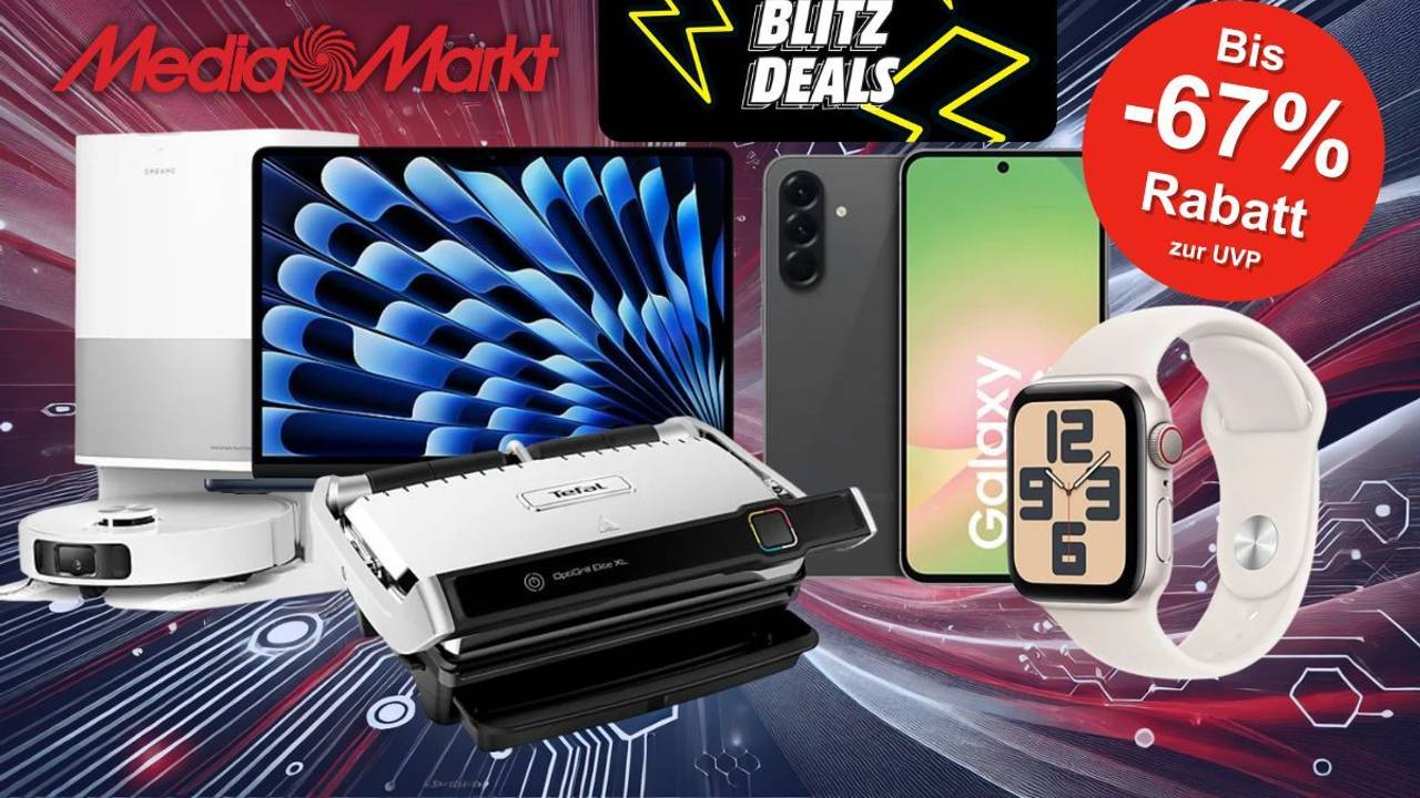 Produkte wie Tefal Optigrill, Samsung Handy und Dreame Saugroboter in den MediaMarkt Blitz Deals vor einem Hintergrund mit technischem Design.