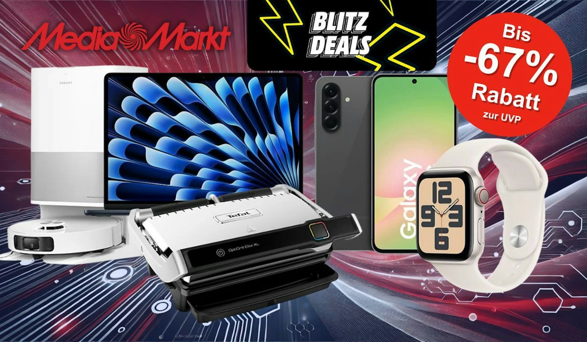 Produkte wie Tefal Optigrill, Samsung Handy und Dreame Saugroboter in den MediaMarkt Blitz Deals vor einem Hintergrund mit technischem Design.