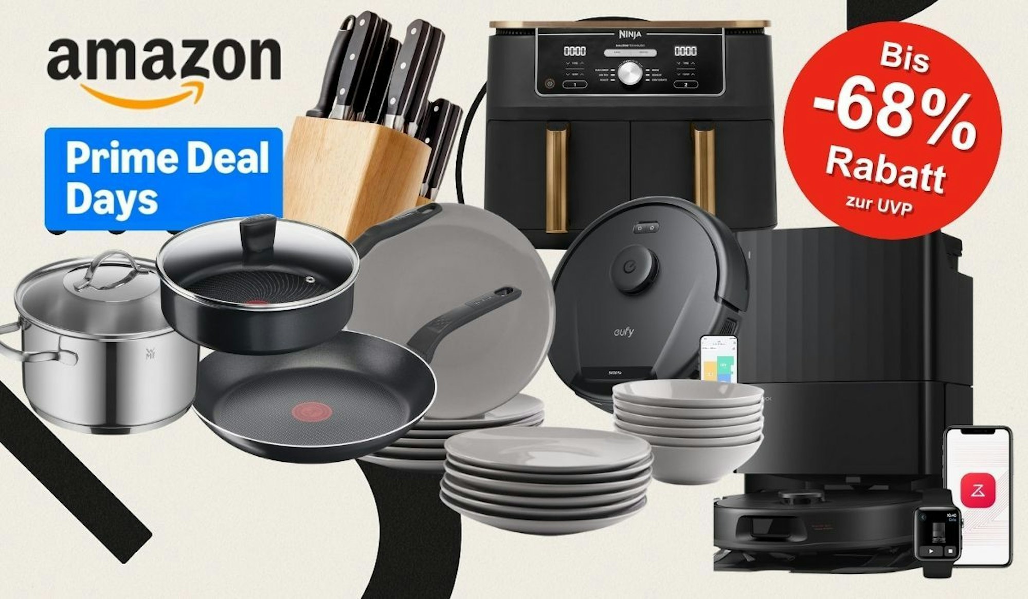 Prime Deal Days bei Amazon in der Kategorie Haushalt. Verschiedene Produkte und Geräte für Küche und Haushalt von Marken wie Tefal, WMF, Roborock, Cosori, Ninja und viele mehr.