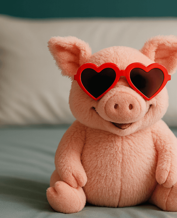Ein rosa Schweinchen aus Plüsch mit einer Herzaugenbrille sitzt auf einem Bett.