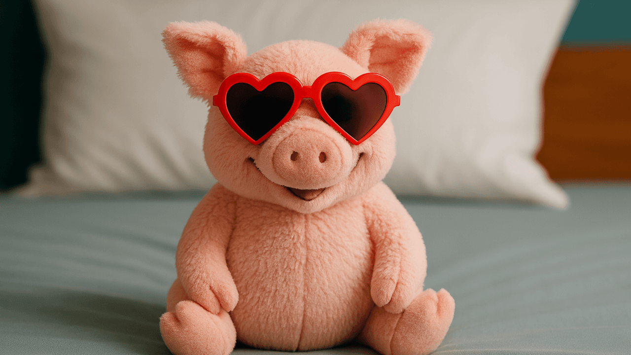Ein rosa Schweinchen aus Plüsch mit einer Herzaugenbrille sitzt auf einem Bett.