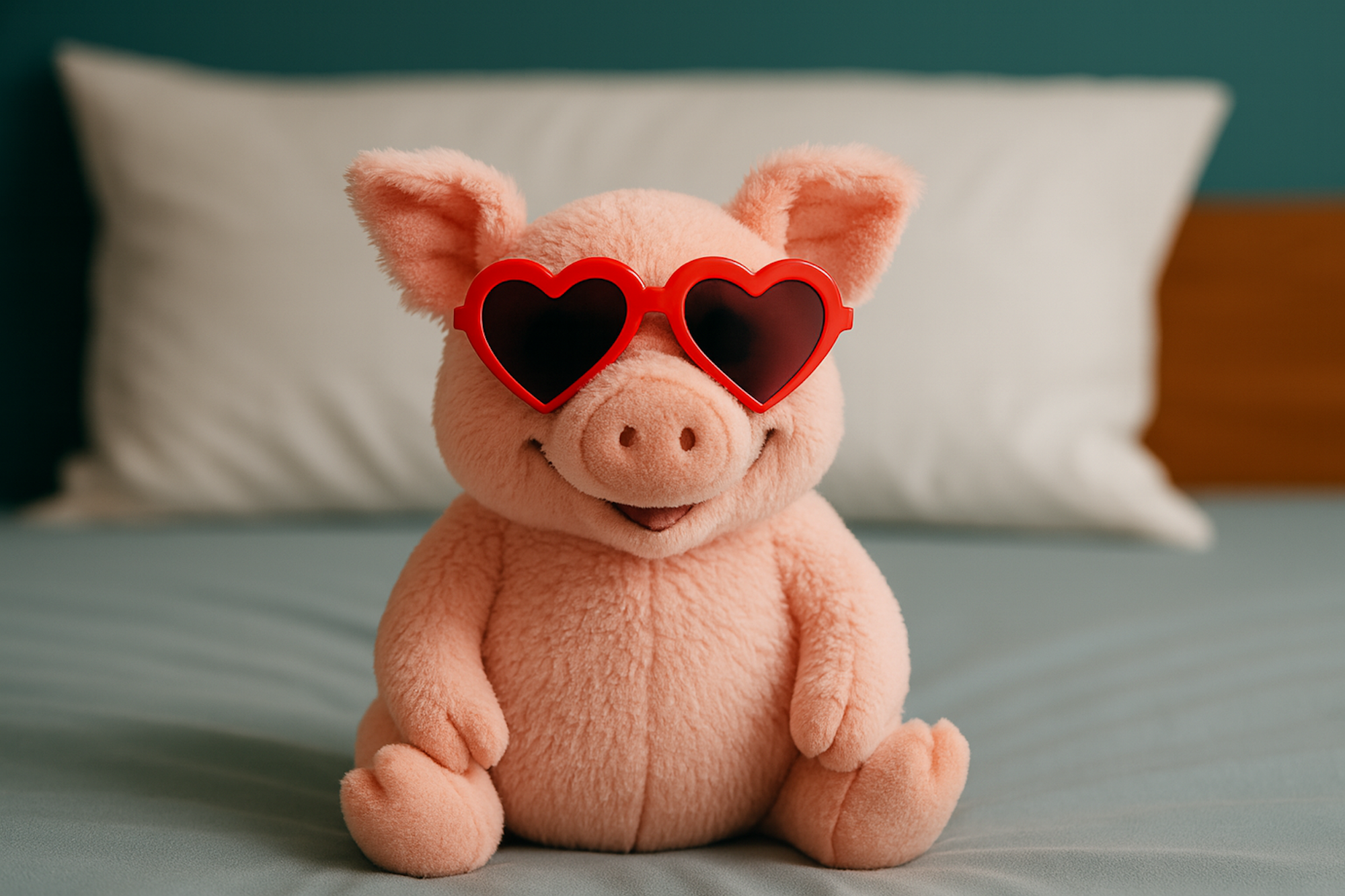 Ein rosa Schweinchen aus Plüsch mit einer Herzaugenbrille sitzt auf einem Bett.