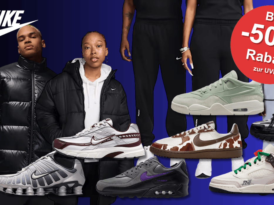 Nike Sneaker und Bekleidung, darunter Modelle wie Air Force 1, Dunk Low, Air Max und Tech Fleece vor einer grauen Mauer.