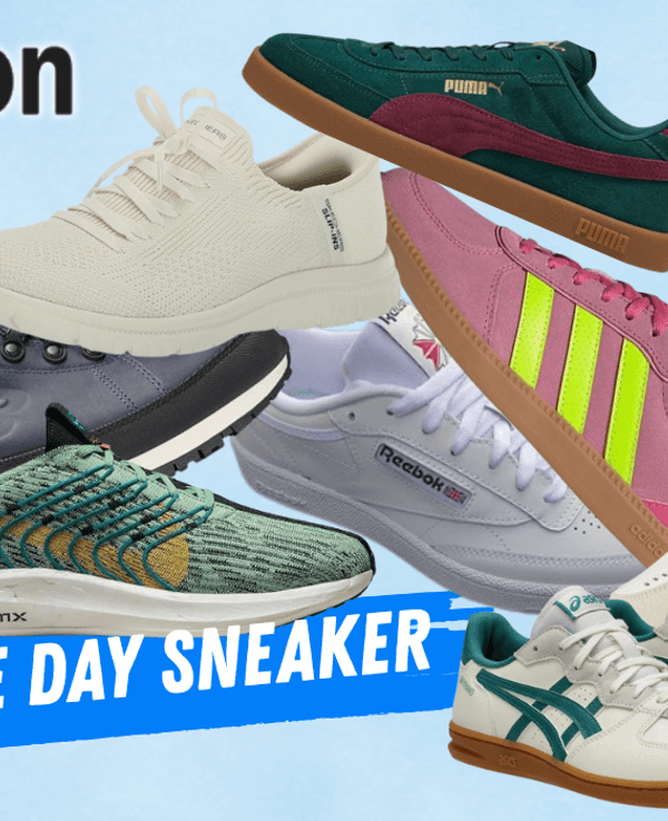 Auf dem Bild sind verschiedene Sneaker Modelle großer Marken zu sehen, die auf einem blauen Hintergrund abgebildet sind.