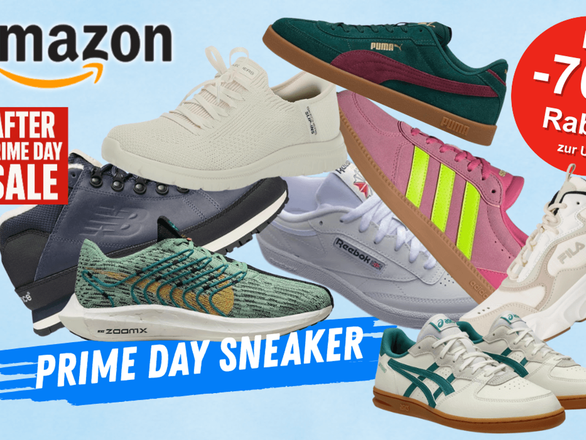 Auf dem Bild sind verschiedene Sneaker Modelle großer Marken zu sehen, die auf einem blauen Hintergrund abgebildet sind.