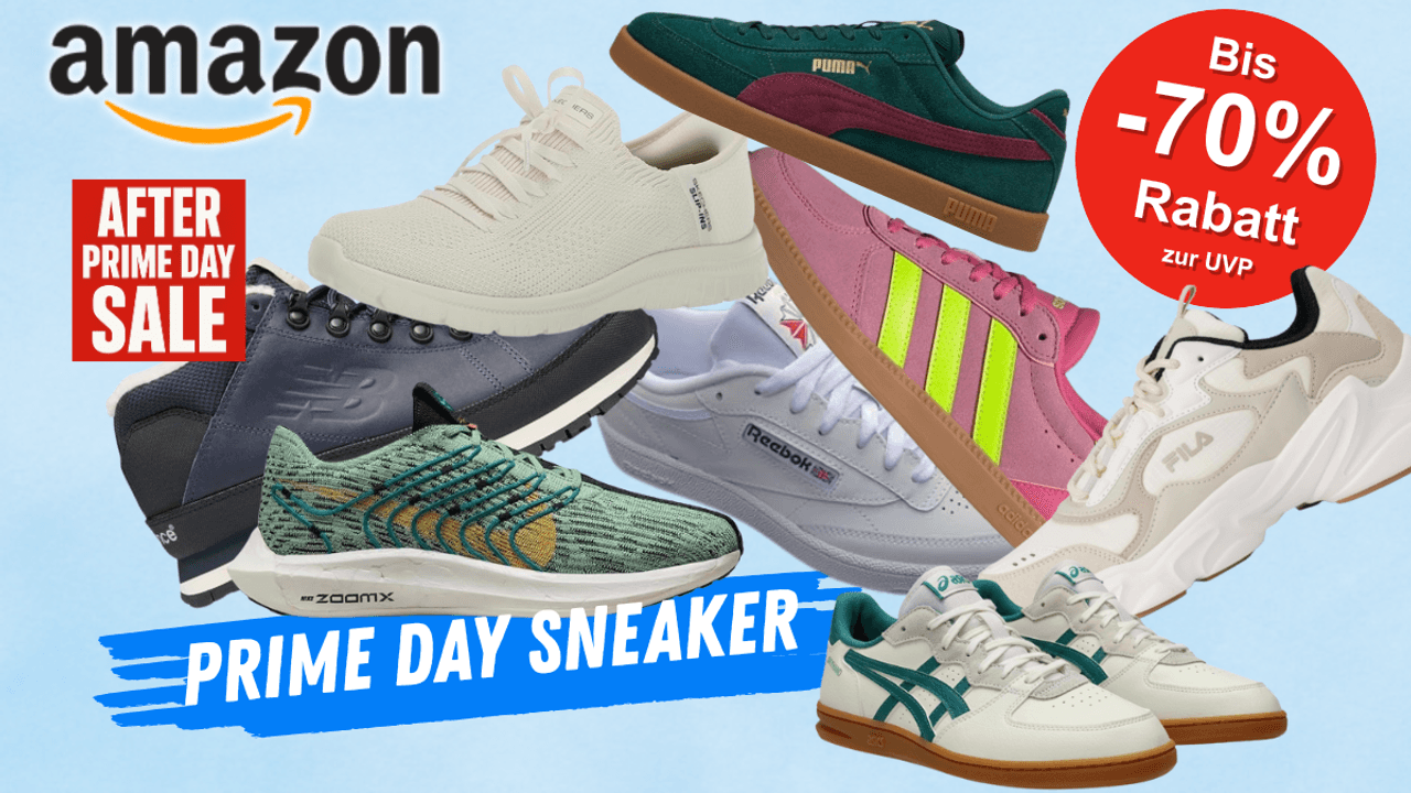 Auf dem Bild sind verschiedene Sneaker Modelle großer Marken zu sehen, die auf einem blauen Hintergrund abgebildet sind.