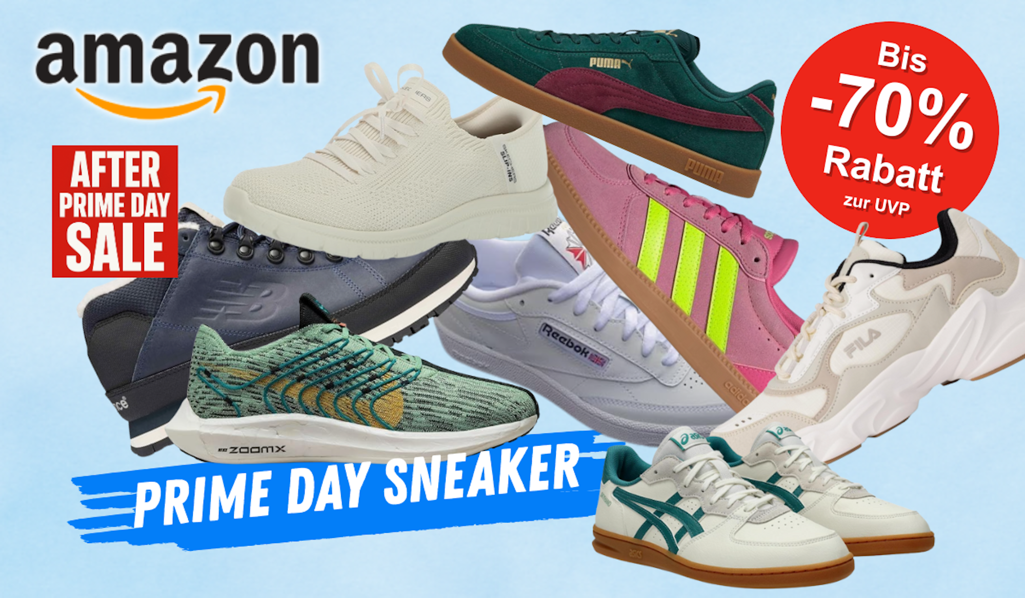 Auf dem Bild sind verschiedene Sneaker Modelle großer Marken zu sehen, die auf einem blauen Hintergrund abgebildet sind.
