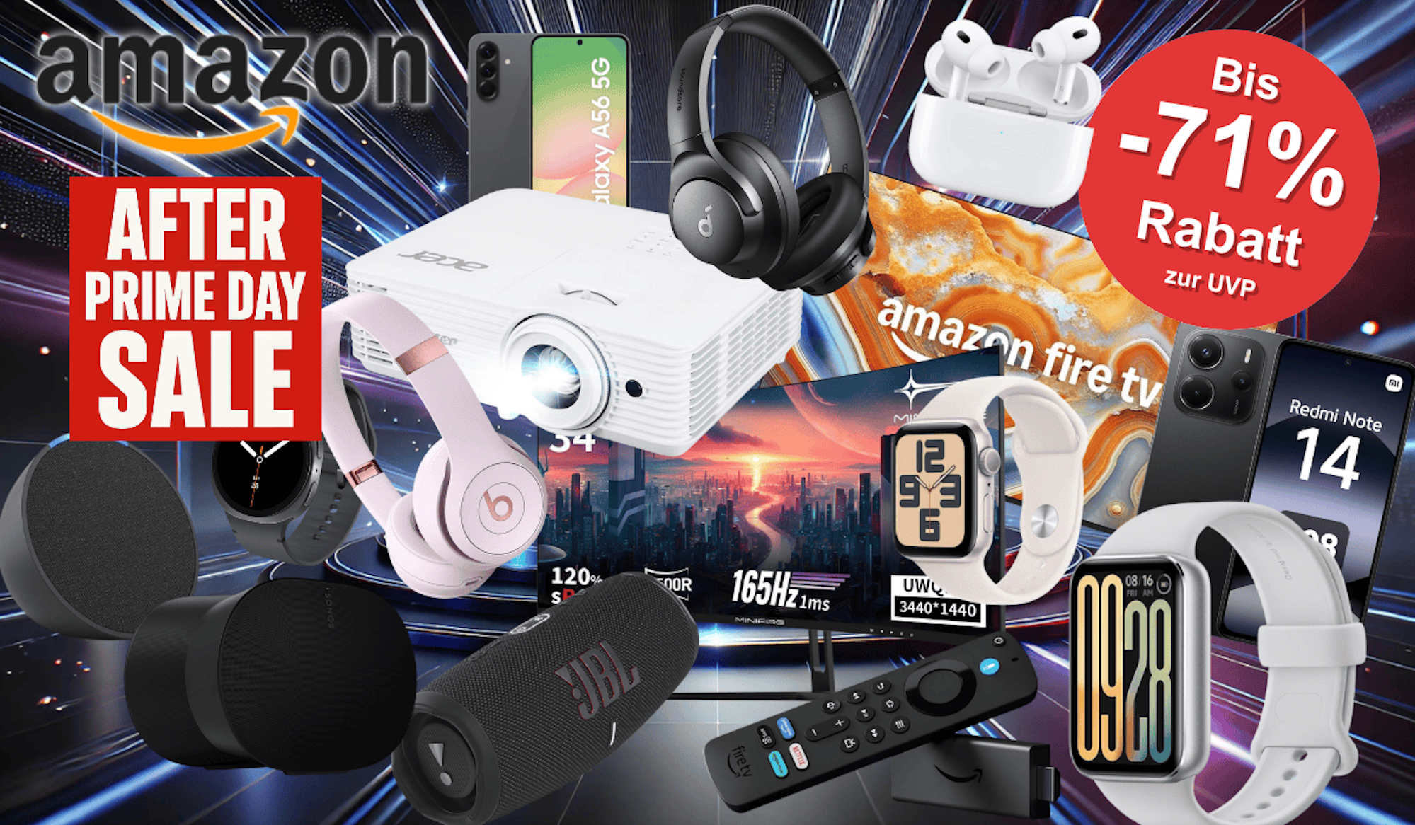 Technik-Angebote wie Smartwatch, Kopfhörer oder Fire TV Stickan zu den Prime Deal Days mit einer Lagerhalle im Hintergrund.