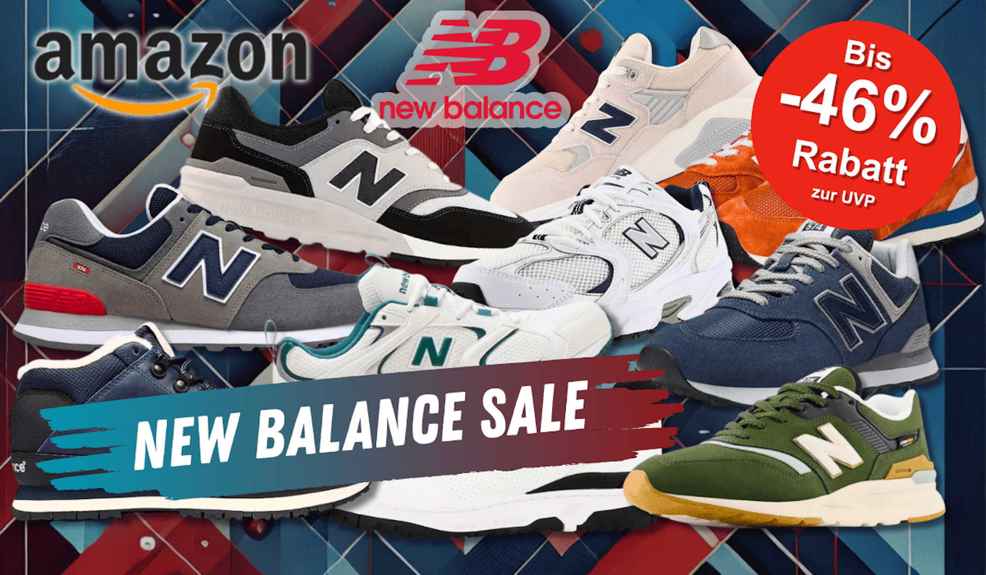 Produktbilder von verschiedenen New Balance Modellen vor einem blauen Hintergrund.