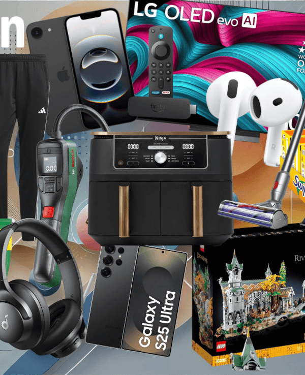 Viele Produkte für die After Prime Deal Days Angebote bei Amazon vor einem technischen hellen Hintergrund: Ninja Foodi Airfryer, Bosch Luftpumpe, Lego Bruchtal, Swiffer Tücher, Ariel Waschmittel, Apple Airpods 4, Apple iPhone 16, LG OLED 4K TV, Dyson Stabstaubsauger.