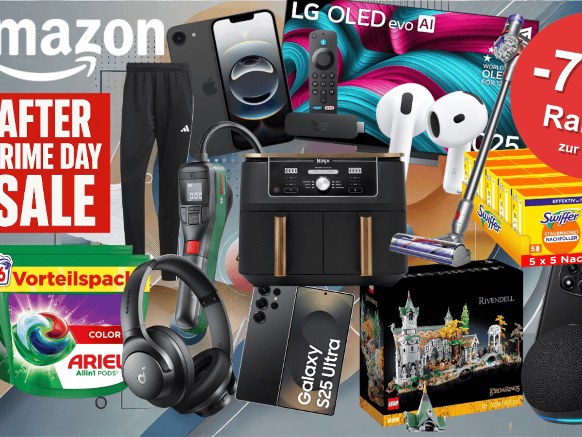 Viele Produkte für die After Prime Deal Days Angebote bei Amazon vor einem technischen hellen Hintergrund: Ninja Foodi Airfryer, Bosch Luftpumpe, Lego Bruchtal, Swiffer Tücher, Ariel Waschmittel, Apple Airpods 4, Apple iPhone 16, LG OLED 4K TV, Dyson Stabstaubsauger.