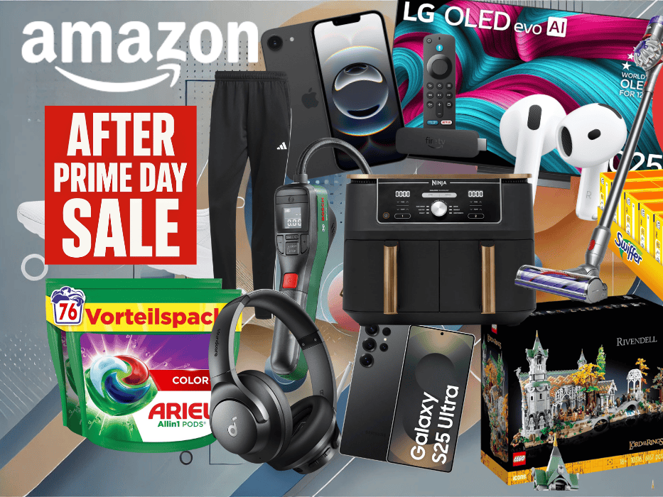 Viele Produkte für die After Prime Deal Days Angebote bei Amazon vor einem technischen hellen Hintergrund: Ninja Foodi Airfryer, Bosch Luftpumpe, Lego Bruchtal, Swiffer Tücher, Ariel Waschmittel, Apple Airpods 4, Apple iPhone 16, LG OLED 4K TV, Dyson Stabstaubsauger.