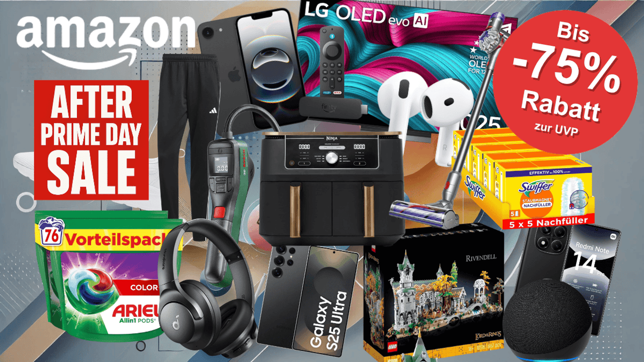 Viele Produkte für die After Prime Deal Days Angebote bei Amazon vor einem technischen hellen Hintergrund: Ninja Foodi Airfryer, Bosch Luftpumpe, Lego Bruchtal, Swiffer Tücher, Ariel Waschmittel, Apple Airpods 4, Apple iPhone 16, LG OLED 4K TV, Dyson Stabstaubsauger.
