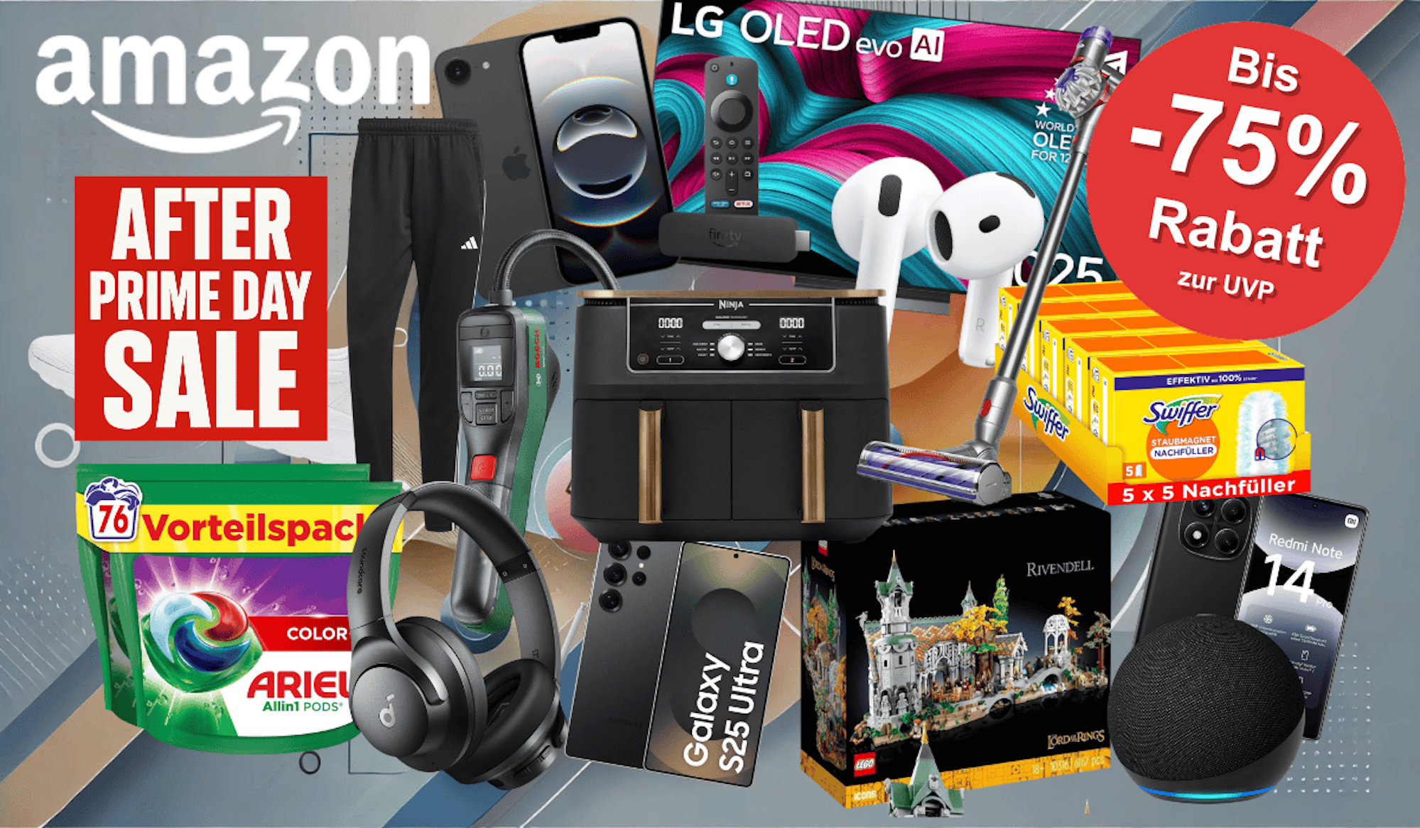 Viele Produkte für die After Prime Deal Days Angebote bei Amazon vor einem technischen hellen Hintergrund: Ninja Foodi Airfryer, Bosch Luftpumpe, Lego Bruchtal, Swiffer Tücher, Ariel Waschmittel, Apple Airpods 4, Apple iPhone 16, LG OLED 4K TV, Dyson Stabstaubsauger.