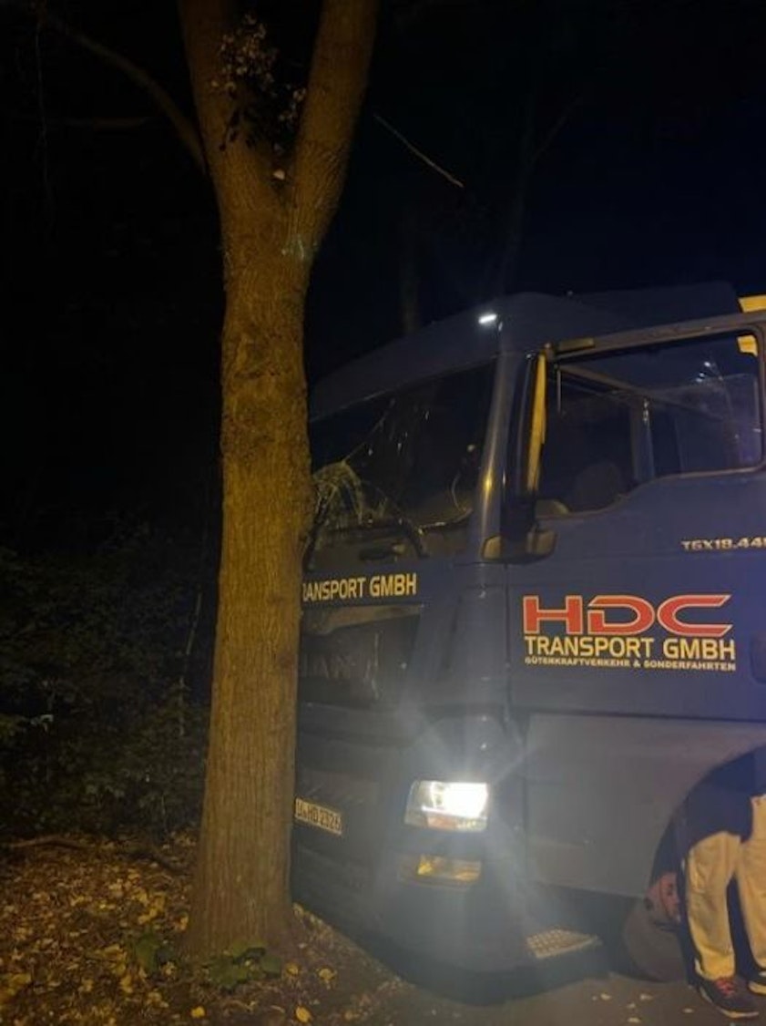 Ein Lkw steht nach einem Unfall an einem Baum.